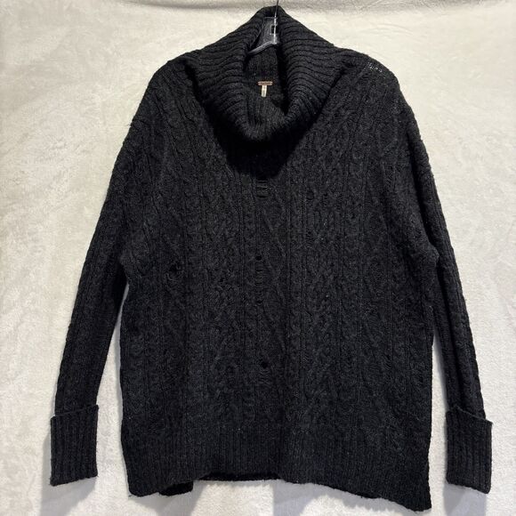 Free People Oversized Alpaca Blend Distressed Cable Knit Sweater Small Grey - Picture 1 of 14